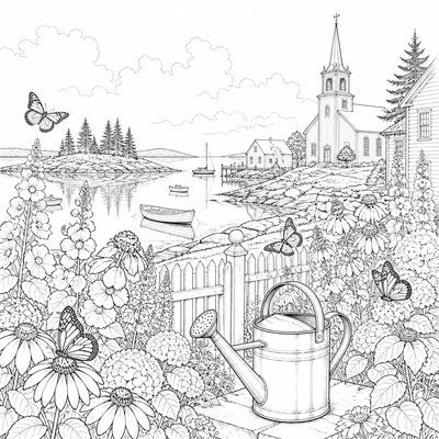 a garden scene with butterflies, flowers and a watering can, clean uncolored line art, no text