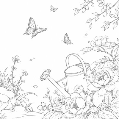 a garden scene with butterflies, flowers and a watering can, clean uncolored line art, no text