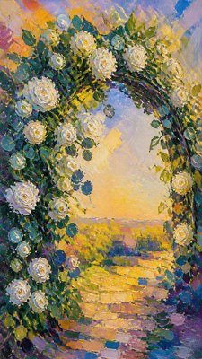 an arch of white roses and eucalyptus in soft morning light, elegant vertical composition with open space, no text