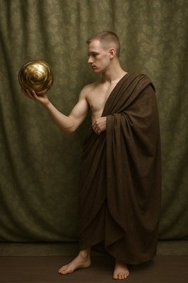 a man in a robe holding a golden ball