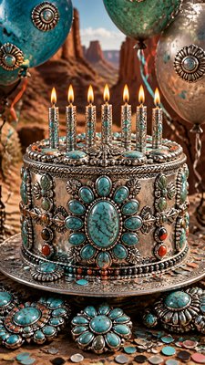 a birthday cake with lit candles surrounded by balloons and confetti, festive vertical composition, no text