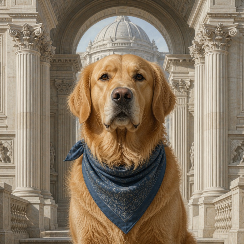 portrait of a golden retriever wearing a blue bandana, warm plain backdrop, no text