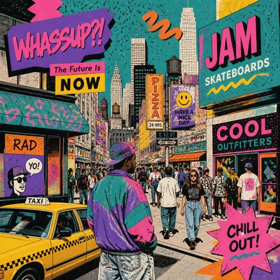urban street with city activity — 90s Retro Aesthetic