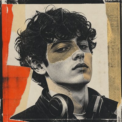 head-and-shoulders portrait of an original character: a young man with curly dark hair and headphones around his neck, plain backdrop, no text