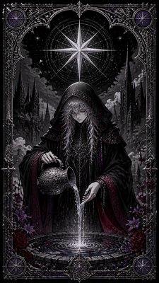a robed figure pouring water beneath a large eight-pointed star in a night sky, symmetrical composition with an ornate decorative border, no text