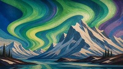 a flowing aurora over snowy peaks, wide sweeping composition, no people, no text