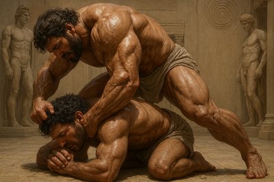 a painting of two men wrestling in front of statues
