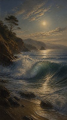 an ocean wave curling under moonlight, no people