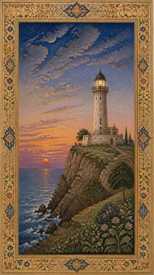a lone lighthouse on a cliff at dusk under a dramatic sky, no text or lettering