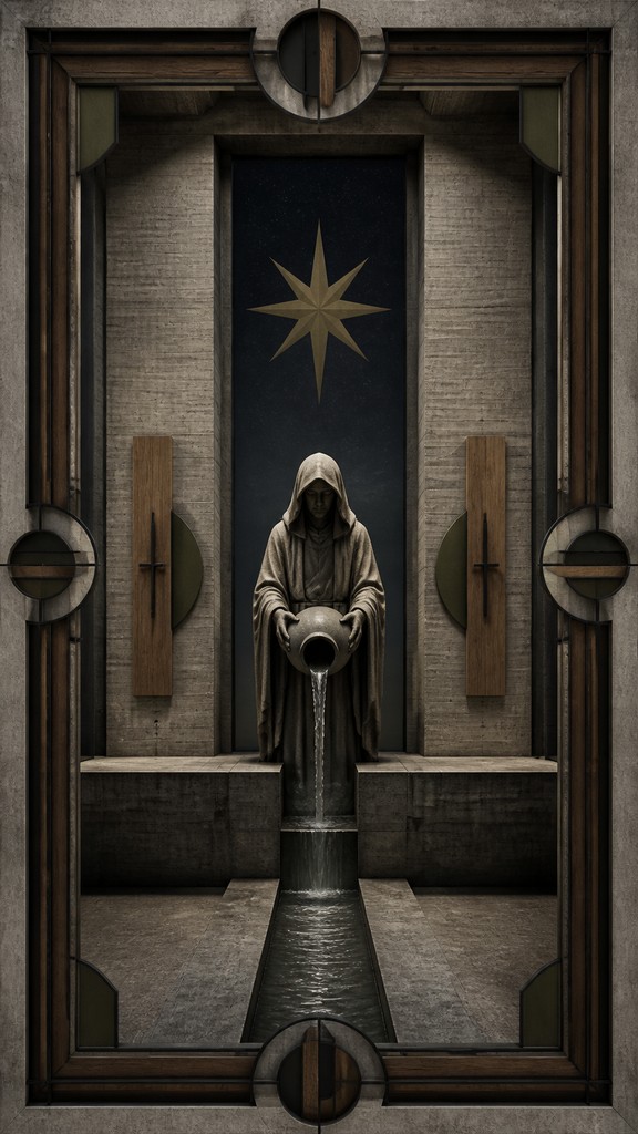 a robed figure pouring water beneath a large eight-pointed star in a night sky, symmetrical composition with an ornate decorative border, no text
