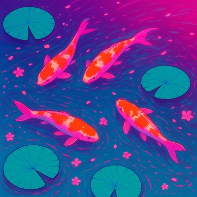 A koi pond seen from above, orange and white koi fish swimming among lily pads, clear water with subtle ripples, fallen cherry blossom petals floating on the surface, dappled sunlight