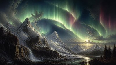 a flowing aurora over snowy peaks, wide sweeping composition, no people, no text