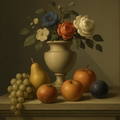 still life arrangement of fruits and flowers