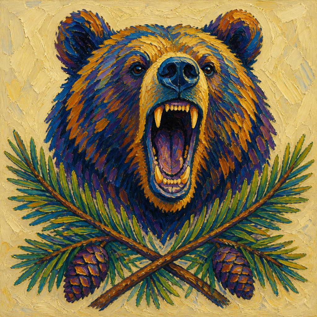 a roaring bear head above crossed pine branches, bold graphic composition on a plain background, no text