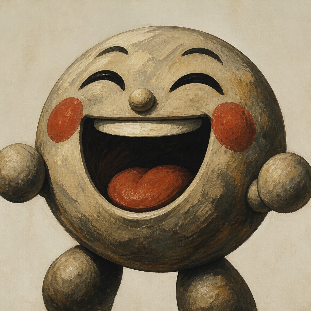 an exaggerated laughing face of an original round mascot character, bold and readable at small size, plain background, no text