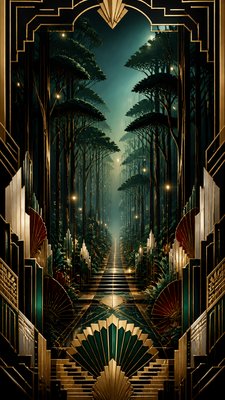 a mysterious forest path with fireflies and drifting mist, atmospheric vertical composition with open space at the top, no text