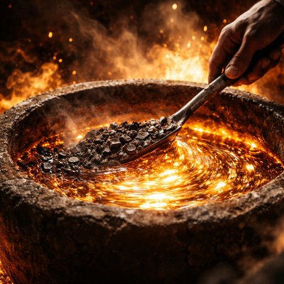 An extreme close-up, hyper-detailed artistic depiction of a massive, rough-hewn clay crucible sitting in a roaring forge. Inside the crucible, molten metal (representing "the third part") is swirling in shades of glowing orange, gold, and vibrant amber. A powerful, yet unseen master craftsman's hand holds a spiritual tool, actively skimming away floating, dark, cracked dross (representing impurities/sin) from the shimmering surface. The remaining metal is becoming incredibly pure and reflective, capturing the light. Cinematic, dramatic lighting, high contrast, tangible textures of heat and metal.