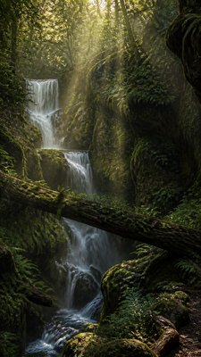a cascading waterfall in a lush green gorge, no people