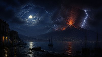 an erupting volcano with lightning strikes, dramatic wide composition, no text