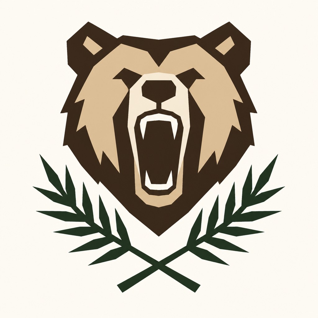 a roaring bear head above crossed pine branches, bold graphic composition on a plain background, no text