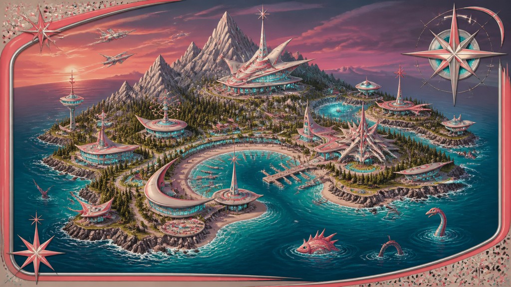 a map of an island realm with mountains, forests, a sheltered bay, sea monsters in the water and a compass rose, no text labels
