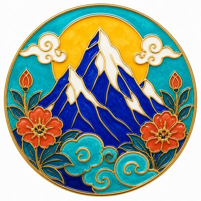 an emblem of a mountain peak inside a circle, simple bold shapes on a plain background, no text or lettering