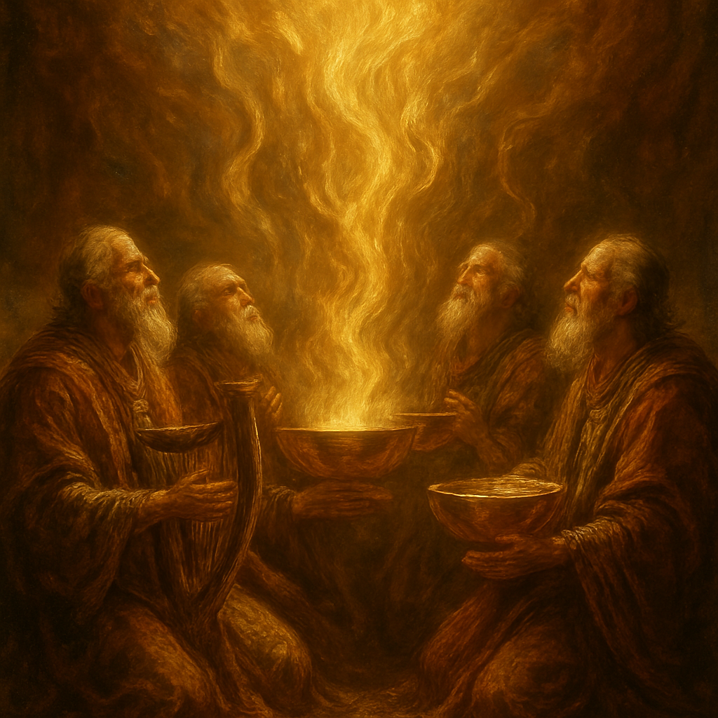 A majestic, ethereal scene depicting golden bowls brimming with luminous, swirling incense. The incense, representing the collective prayers of all saints, rises and coalesces into shimmering, golden tendrils that ascend towards an unseen heavenly throne.There elders worshipping: EACH ELDER HAS ONE BOWL AND EACH ELDER HAS ONE HARP. These are golden bowls of incense. Each bowl is held by a robed elder, KNEELING IN PRAYER TO GOD. The atmosphere is reverent and awe-inspiring, filled with soft, warm light emanating from the golden smoke. Emphasize the precious, divine, and unified nature of the prayers. Inspired by Revelation 5:8