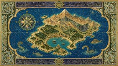 a map of an island realm with mountains, forests, a sheltered bay, sea monsters in the water and a compass rose, no text labels