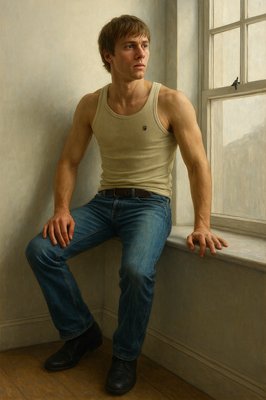 a painting of a man sitting on a window sill