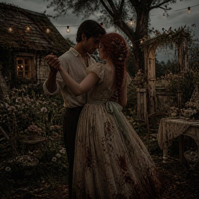 an original couple dancing under string lights in a garden at dusk: a man with short black hair in a linen shirt and a woman with braided red hair in a summer dress