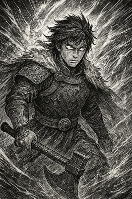 a painting of a man in armor holding an axe