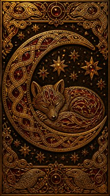 a sleeping baby fox curled on a crescent moon among soft stars, gentle and warm, no text
