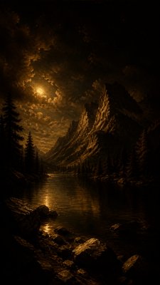 a tranquil mountain lake beneath a starry night sky, no people, no text