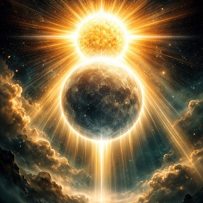 Ancient celestial vision: the blazing sun hovers directly above a translucent moon, the moon rendered almost invisible, swallowed by the sun's overwhelming radiance yet delicately outlined as a glass, beams of divine light pouring down, the moon a silent witness beneath the sun's glory, spiritual symbolism of hidden union and concealed intimacy, ethereal golden and silver tones, sun and moon the same size, golden rays enveloping a dark transparent moon.