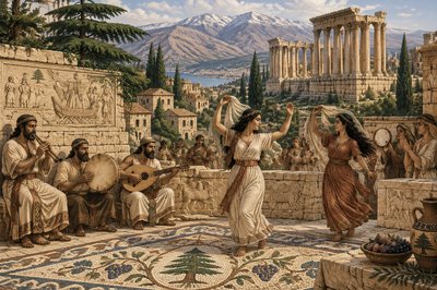 middle eastern musicians and dancers performing in a village near the mountains