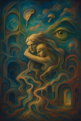 a painting of a woman hugging a man