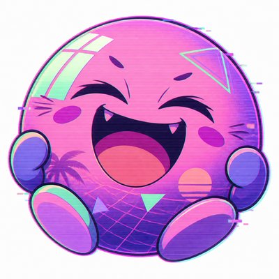 an exaggerated laughing face of an original round mascot character, bold and readable at small size, plain background, no text