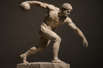 sculpture of an ancient greek athlete throwing a shot put