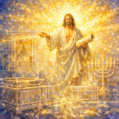 A surrealist, double-exposure art piece. In the foreground, there are translucent, architect’s blueprint lines and ghostly outlines of the ancient Temple altars, lampstands, and the Holy of Holies (representing the "figures of the true"). Overlapping and far superior to them, Jesus Christ stands before an blinding, warm, golden divine presence (representing the "presence of God"). He is actively gesturing forward, presenting a scroll or his own wounds on behalf of unseen people ("for us"). Transcendent, ethereal, glowing edges, minimal color palette of gold, white, and midnight blue.