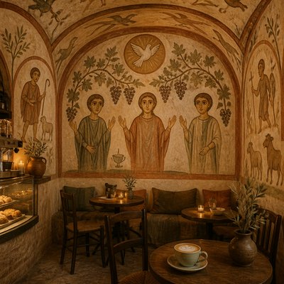 cozy cafe interior with warm lighting