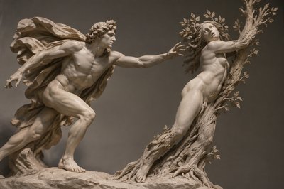 greek mythology scene of ignudi Apollo pursuing Daphne who begins to transform into a tree