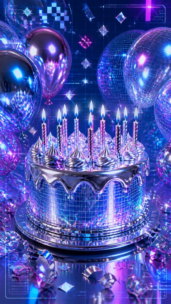 a birthday cake with lit candles surrounded by balloons and confetti, festive vertical composition, no text