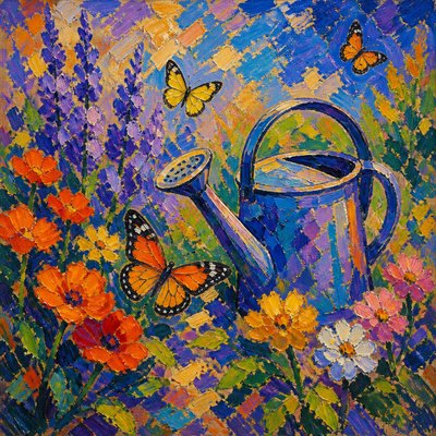 a garden scene with butterflies, flowers and a watering can, clean uncolored line art, no text