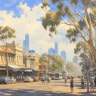 urban street with city activity — Australian Art Style