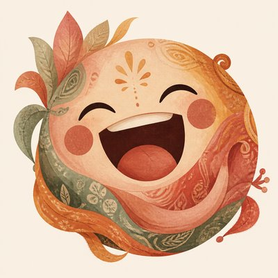 an exaggerated laughing face of an original round mascot character, bold and readable at small size, plain background, no text
