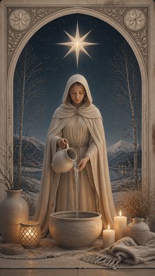 a robed figure pouring water beneath a large eight-pointed star in a night sky, symmetrical composition with an ornate decorative border, no text