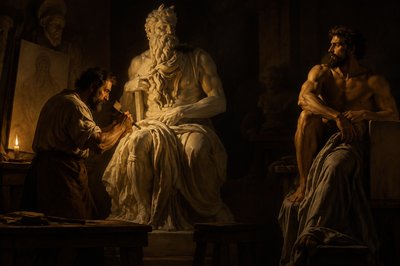 Michelangelo carving Moses with a model posing for him