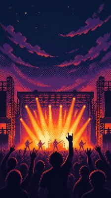 a live music scene with a glowing stage and silhouetted crowd, energetic vertical composition with open space at the top, no text