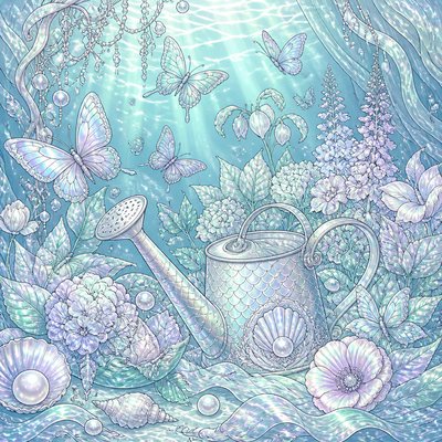 a garden scene with butterflies, flowers and a watering can, clean uncolored line art, no text