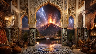 an erupting volcano with lightning strikes, dramatic wide composition, no text
